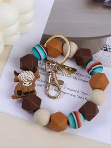 Cute Animal Beaded Wrist Keychain, Keychain Wristlet Strap, Colorful Teach Letters, Yak Pendant Design, Perfect Gift for Friends & Teachers, Holiday Present Idea, Keychain Jewelry