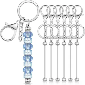 6 Pcs Beadable Keychain Bars Blanks Bead Keychain Metal Beaded Keychain for Pendant DIY Crafts Jewelry Making Gift (Silver)
