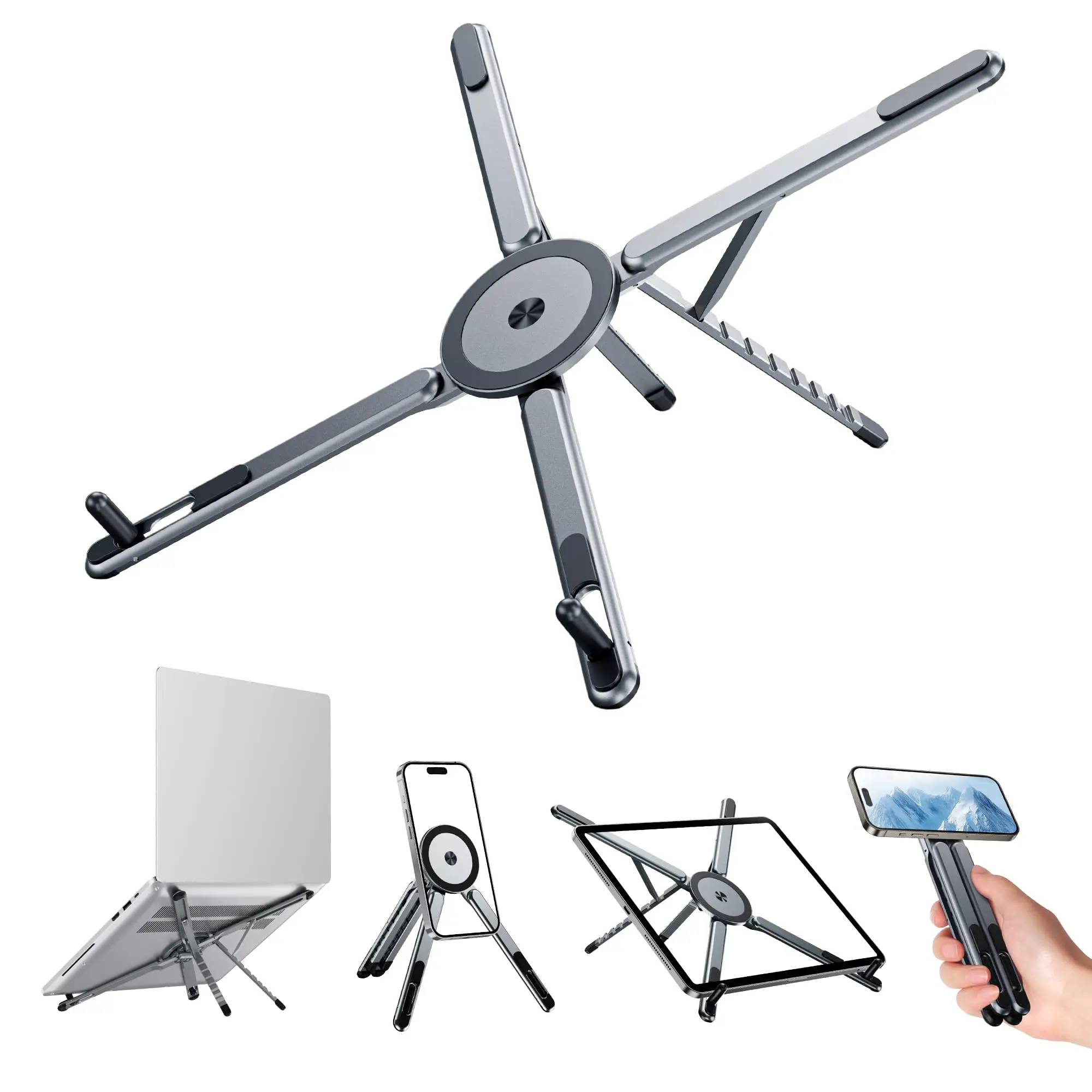 3-in-1 Adjustable Aluminum Laptop Stand, 8 Levels Height Magnetic Foldable Computer Riser for Laptop Tablet Phone Desk Organizer