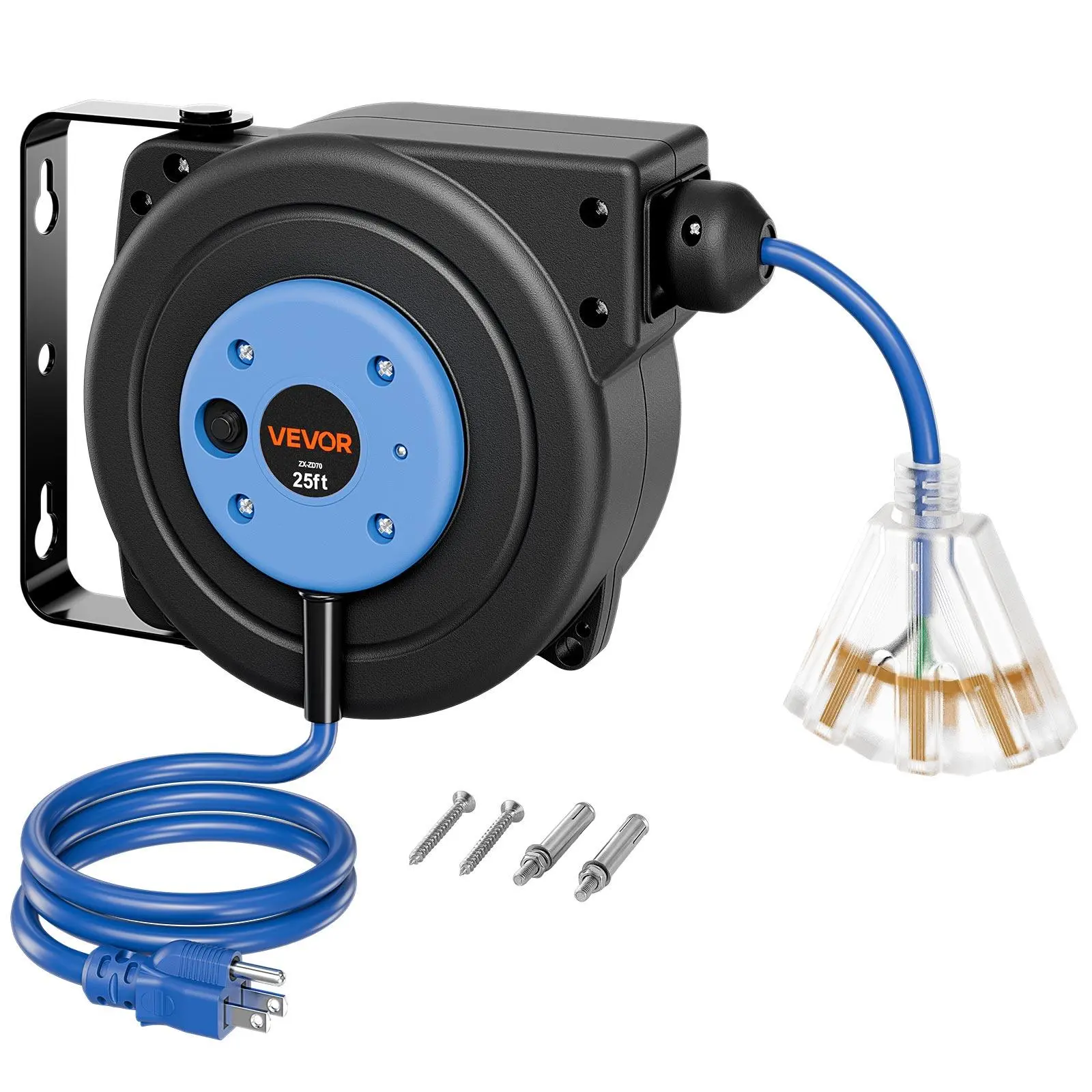 【BackToSchool】VEVOR Retractable Extension Cord Reel 25FT Heavy Duty 14AWG/3C SJTOW Blue, for Ceiling/Wall Mount, 13A Circuit Breaker, Automatic Retractable Power Cord, Lighted Triple Tap, with 180° Swivel Bracket