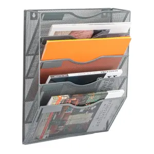 5 Pocket Mesh Hanging Wall File Organizer, Wall Mounted Mail Paper Document Folder Holder, Clipboard Storage Organization Magazine Rack with Nametag Label for Office Home School, Gray