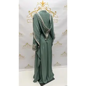 Hooded Butterfly Kaftan Dress Set 3 Pcs Long Dress Silver Beads & Embroidery Green