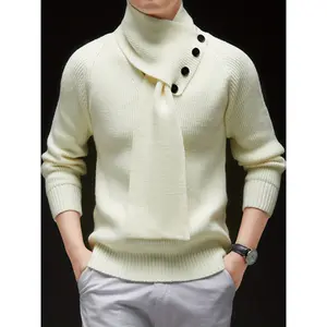 Men's Sweater, V-Neck Fashion Trendy Korean Style Knitwear with Detachable Button Decorative Scarf Collar for Autumn/Winter New Long-Sleeve