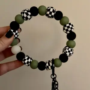 Sage Black Checkered Silicone Beaded Wristlet with Green and White Beads on a Black Chain