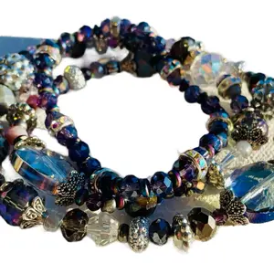 Purple Focal Bead Silver Bead Caps Rhinestone Rndelles - 3 stacked bracelet