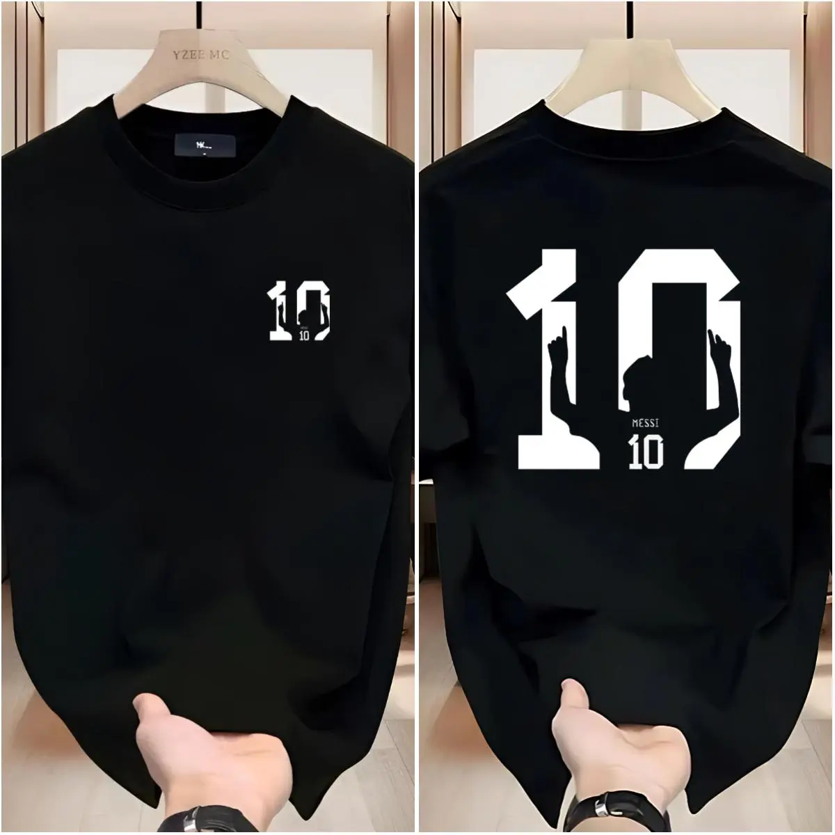 Men's Cotton Streetwear Casual T-Shirt - Unisex, Messi No.10 Front/Back Print, Short-Sleeve Crew Neck, Regular Cut, Meeting-Ready Tee, Foldable, Day Use, Football Fashion, City Walks, Menswear Top, Tshirt