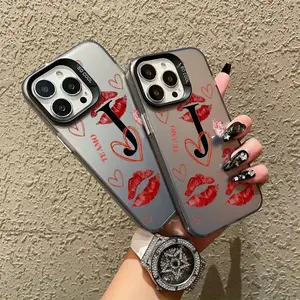New High-Quality Creative Neon Lip Print Heart Letter J Pattern Metal Acrylic Phone Case, for iPhone Phone Case iPhone 17/17 Air/16/16 Pro Max/5 Pro/15/14 Pro Max/14 Plus/14/13 Pro/13/12 Pro Max/11 Pro Max/12/XR/X/XS Max/7/8 Plus, Perfect Gift for Friends