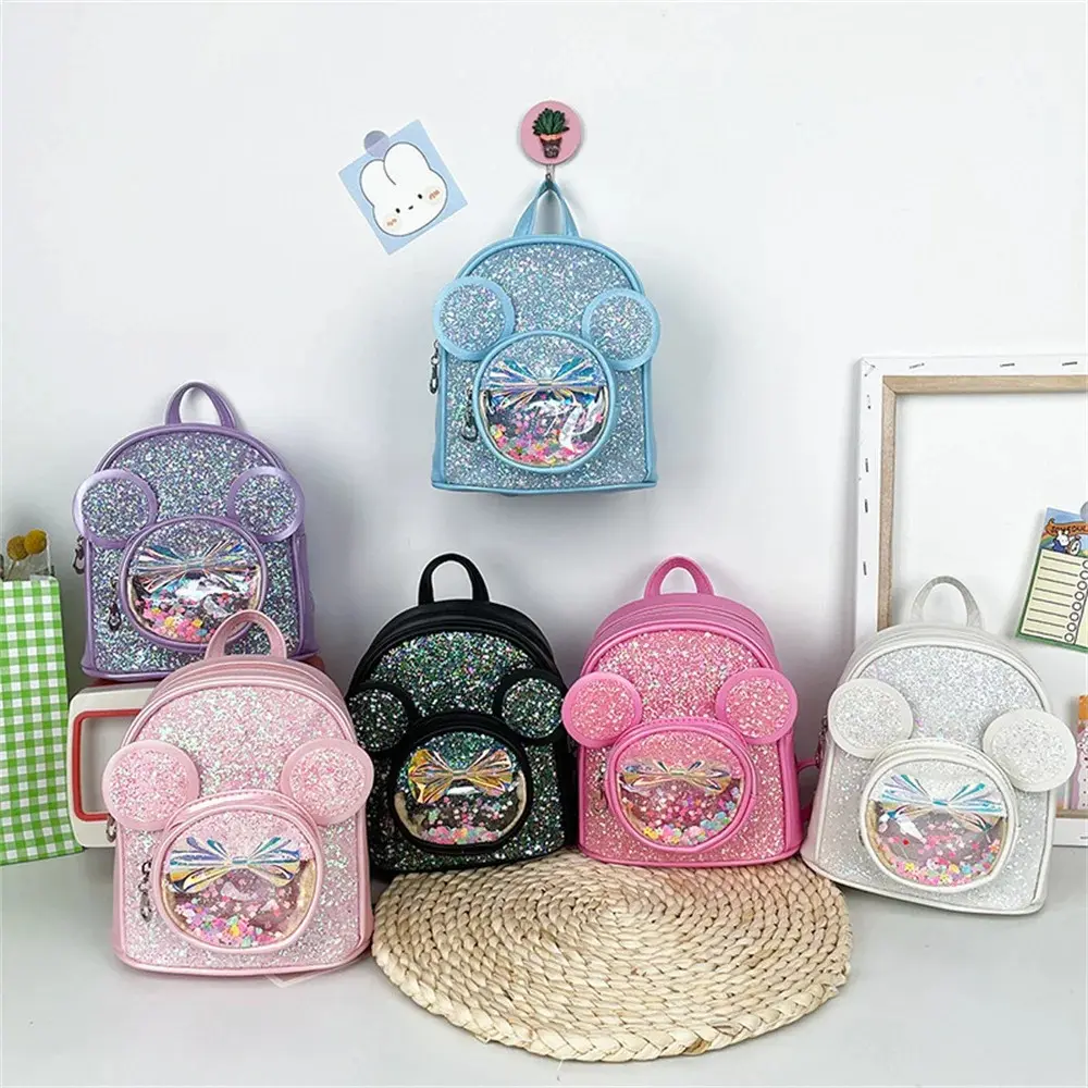 Personalized sparkly backpack featuring a princess-style cartoon design—a stylish new snack backpack for kindergarten.