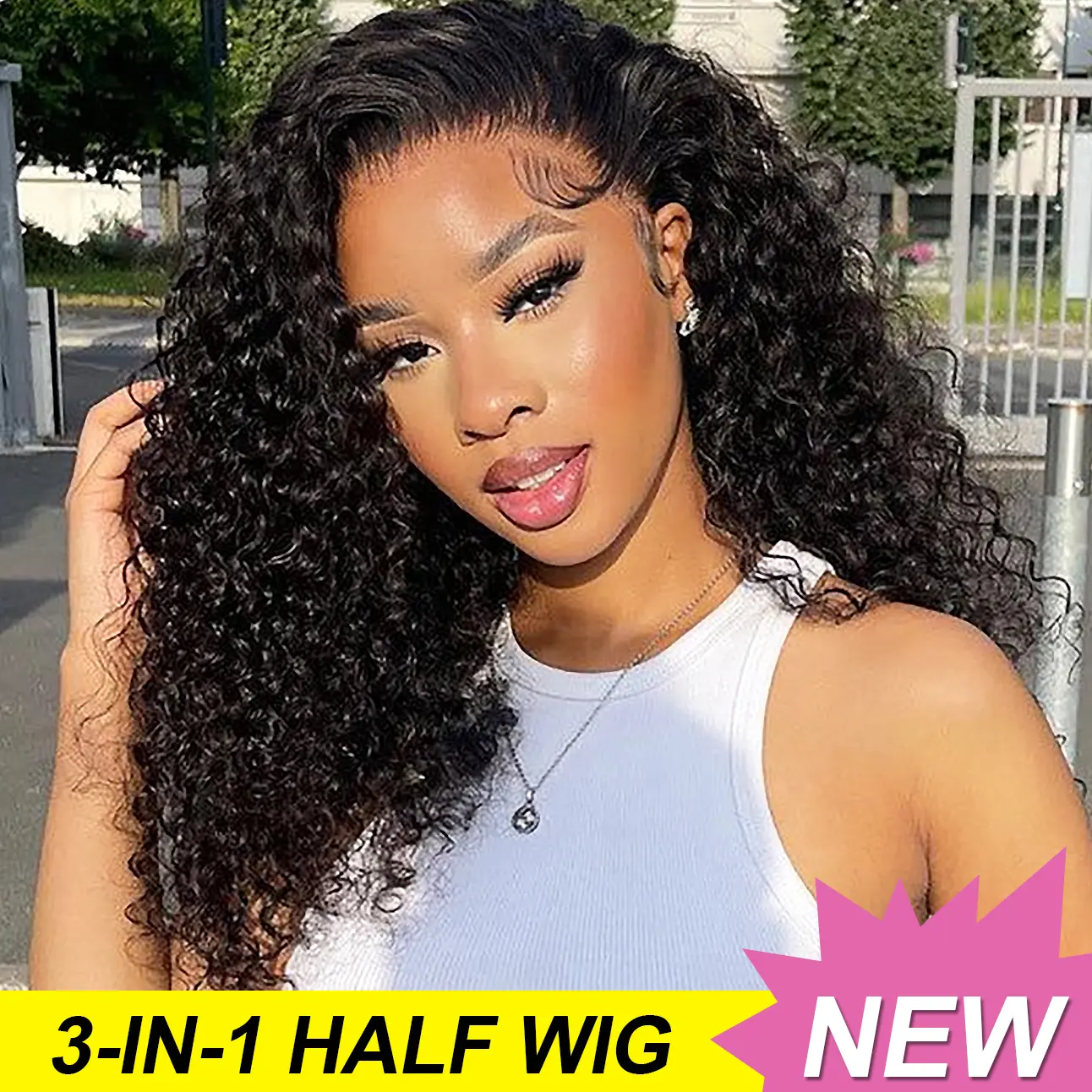 SUKI ORIGINAL 200% Density Kinky Curly Half Wig Glueless Human Hair Wig No Lace Seamless Flip Over Wig Updo Down Style for Beginners 3 in 1 Medium Dome Cap Adjustable Band