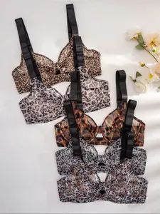 Women's Leopard Print Underwire Bra Thong Panties Set, Comfortable Large Size Elegant Lingerie, Breathable Soft Fabric, Perfect for Daily Wear Underwear Sets