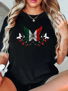 100% Cotton T shirts Mexico Mexican Mexico Flag Butterflies T-Shirt Breathable & Comfort Fit Tee Women,Short Sleeve Crew Neck Top for All Seasons,Graphic Tees Women Tops
