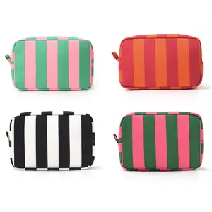 Striped Corduroy Cosmetic Bag - Polyester Folding Large-Capacity Makeup Pouch with Lipstick Organizer, Simple Design, Portable Travel Accessory