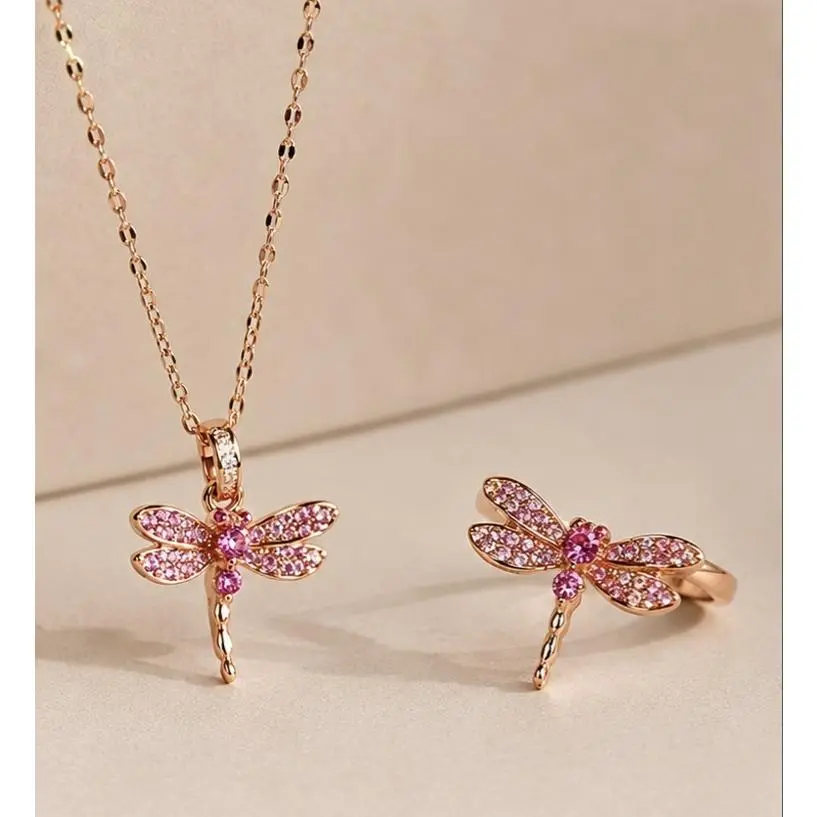 Female Dragonfly Crystal Jewelry Set Pack - 18 Karat Rose Gold Plated, Sparkling Cubic Zirconia Adjustable Ring & Pendant Necklace, Hypoallergenic Metal Accessory for Everyday Wear, Gift Giving