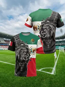 Mexican Flag Aztec Warrior Print T-Shirt, 3D Digital Vintage Totem Short Sleeve, Men's Patriotic Casual Wear, Sporty Fitted H-Type Tee, Streetwear, Menswear