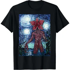 S-Stranger Things Demogorgon Starry Night Style Poster T-Shirt Cotton Quality Printed Crew Neck T-Shirt Men Women Adult Style Christmas Gift Birthday Gift Black Top