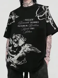 Unisex Washed Vintage Cherub Moon & Script Print Oversized T-Shirt | Y2K Dark Romantic Gothic High Street American Retro Streetwear Top