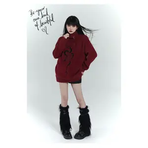 Streetwear Red Zipper Grunge Sweaters Y2k Aesthetic Loose Casual Vintage Printing Pullovers Women Oversized Harajuku Jumpers