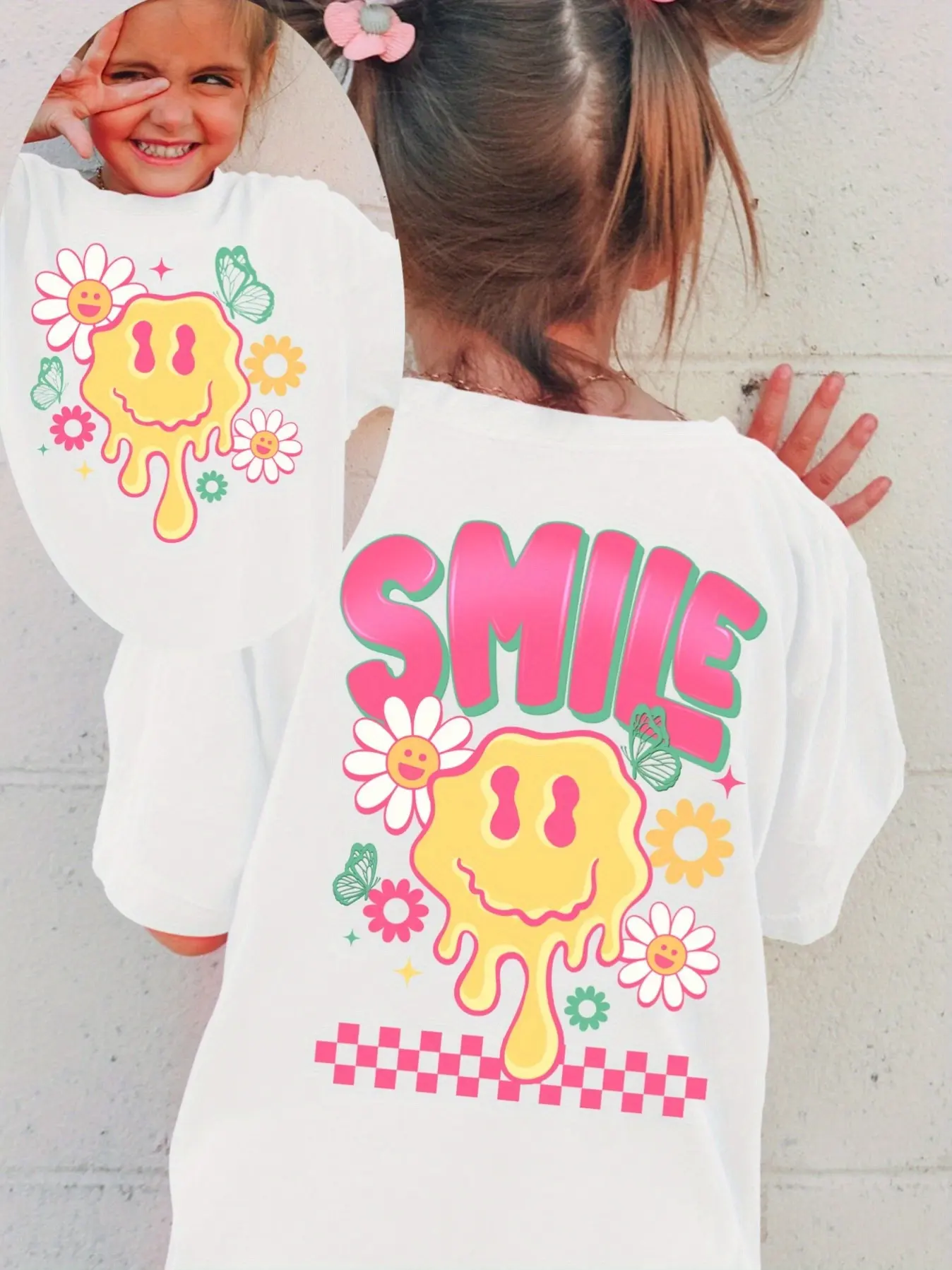 Two Sided SMILE Drippy Melting Smiley Daisy Butterfly Girls T-Shirt, Retro Checkerboard Short Sleeve Cotton White Youth Girly Tee