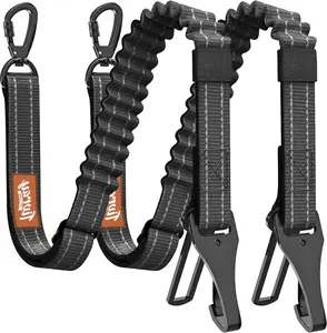 2Pcs Adjustable Reflective Dog Car Seat Belt Bungee Pet Vehicle Tether with 360° Swivel Lock Clasp, Buckle & Hook Latch, Black