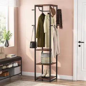 Tribesigns Freestanding Coat Rack Industrial Hall Tree with 4 Shelves and 8 Hooks, Small Clothes Rack for Entryway, Bedroom Metal Organiser Steel Adjustable Hanger Shelf