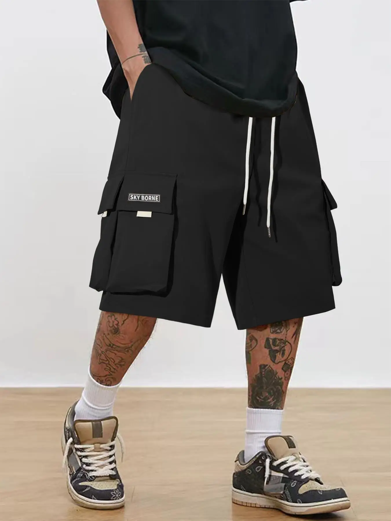 Men's Letter Patched Flap Pocket Drawstring Waist Cargo Shorts, Streetwear Vintage Loose Casual Street Elastic Waist Straight Leg Shorts, Summer 2024