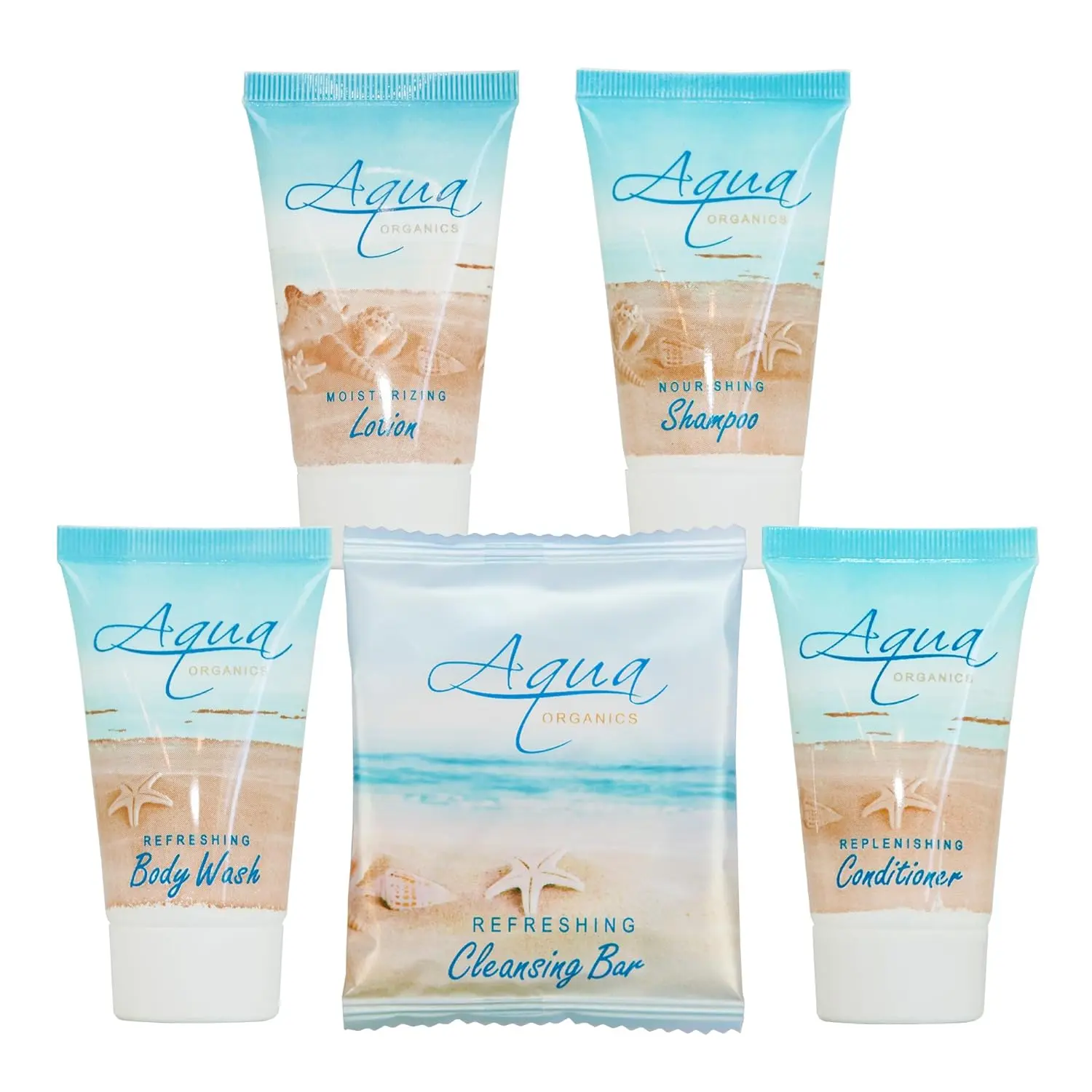 Aqua Organics All-in-Kit (75 pcs) | 15 of each Shampoo, Conditioner, Body Wash, Lotion, and 1 oz Bar Soap | Hotel Soaps and Toiletries Bulk Set Amenities for Hotels& Airbnb Body Care Luxury Scented Aloe