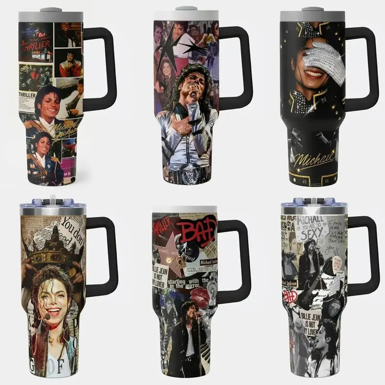 Tumbler 40oz With Handle, King of Pop Stainless Steel Cup, MJ Thriller Bad Era Merch, Insulated Travel Mug, Fan Gift