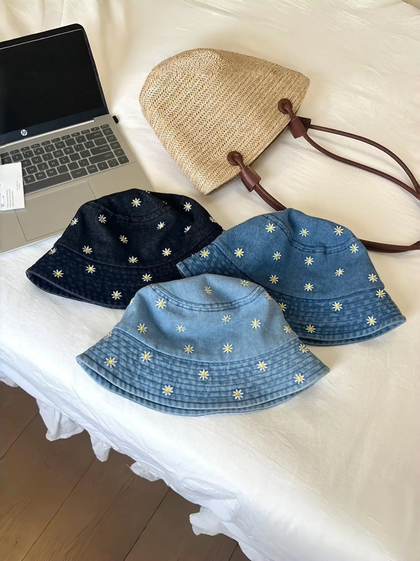 New Korean Style Daisy Embroidered Denim Fisherman Hat, Women's Spring Summer Fashion Sun Protection Retro Bucket Cap