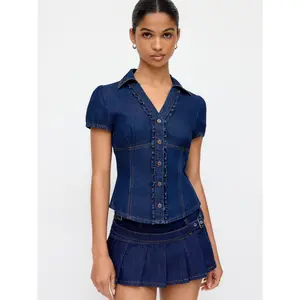Cider Denim Ruched Front Metal Button Short Sleeve Blouse SwimWeek