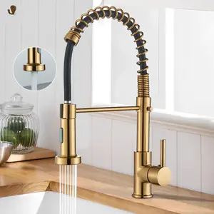 Brushed Gold Kitchen Faucet, Kitchen Faucets with Pull Down Sprayer Industrial Single Handle One Hole Faucet for Farmhouse Gold Faucet for Kitchen Sink