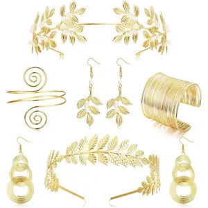 YADOCA 6 Pcs Greek Goddess Costume Accessories Set for Women Gold Laurel Leaf Crown Headband Upper Arm Cuff Coil Bracelet Pearl Dangle Earring Bridal Bridesmaid Wedding Headpiece Toga Costume Jewelry