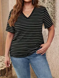 Elegant Plus Size Striped Print Women's V-Neck Fitted T-Shirt Top, Stylish Casual Wear, Comfortable and Trendy, Perfect for Daily, Womenswear, Casual Comfy Tee, Casual Fashionable Top
