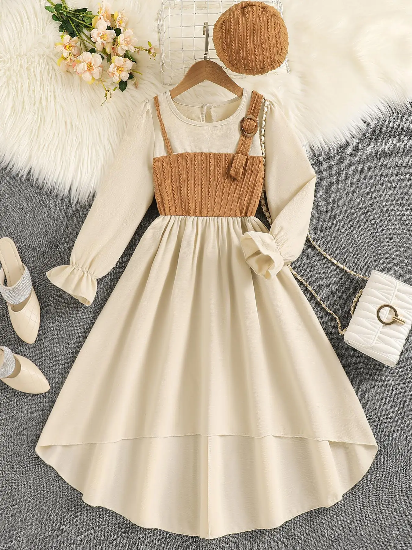 Girl's Solid 2 in 1 Ruffle Trim High Low Hem Dress & Hat Set, Elegant Flounce Sleeve Keyhole Neckline A Line Dress for Party Holiday, Kids Fall & Wint