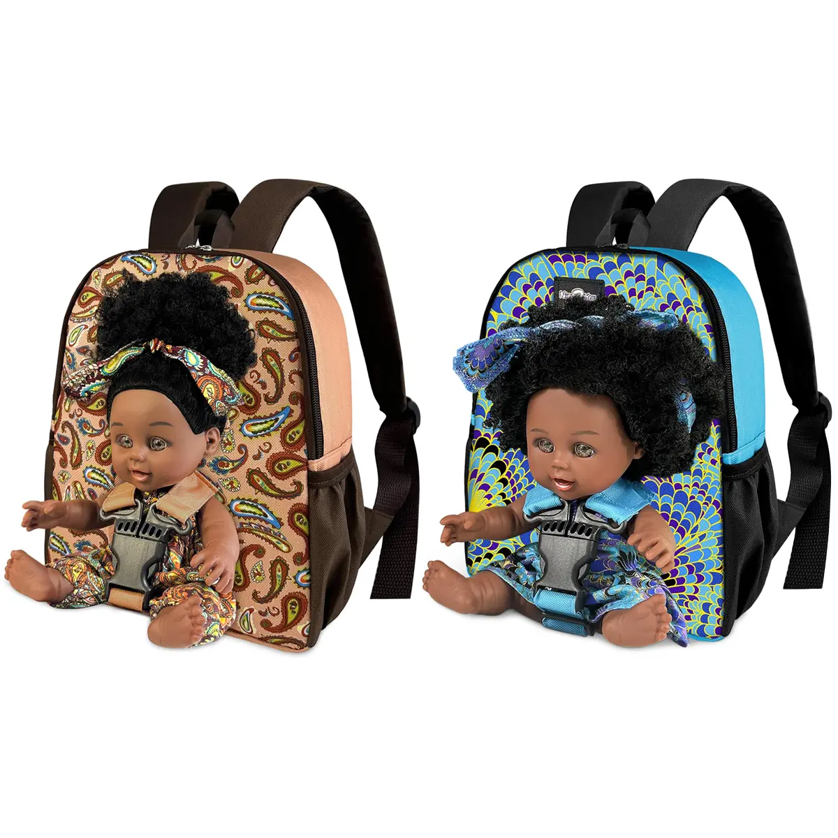 Nice2you Black Baby Doll with Backpack Carrier, 10in American African Doll for Girls Toddlers Aged 2+, Backpack for Baby Doll Accessories Storage, Perfect for 1 2 3 4 5 6 Years Old Kids
