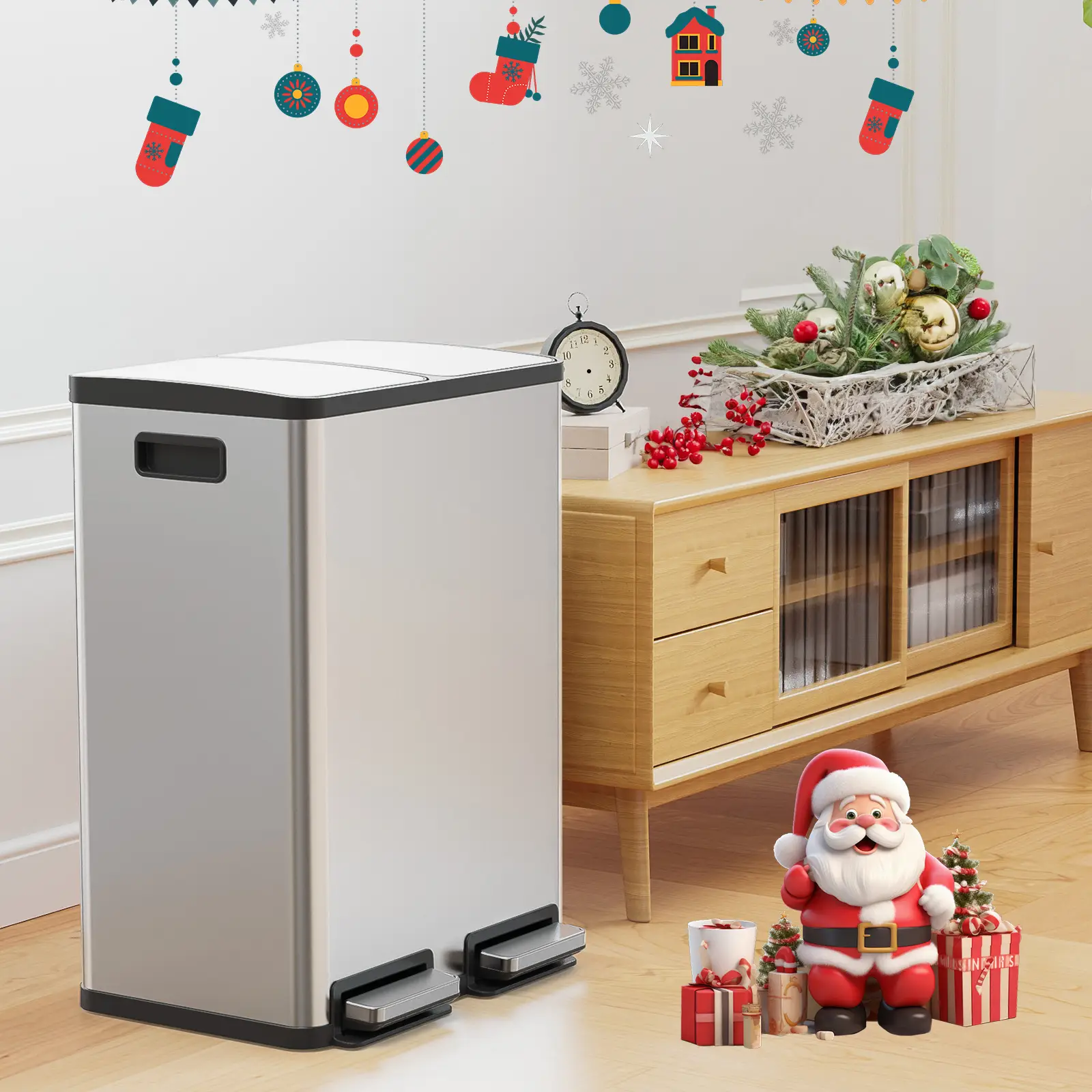 【Deal】SweetFurniture Dual Compartment 16 Gallon Stainless Steel Kitchen Trash Can with Lid and Step Pedals,Fingerprint Proof Garbage Bin for Home and