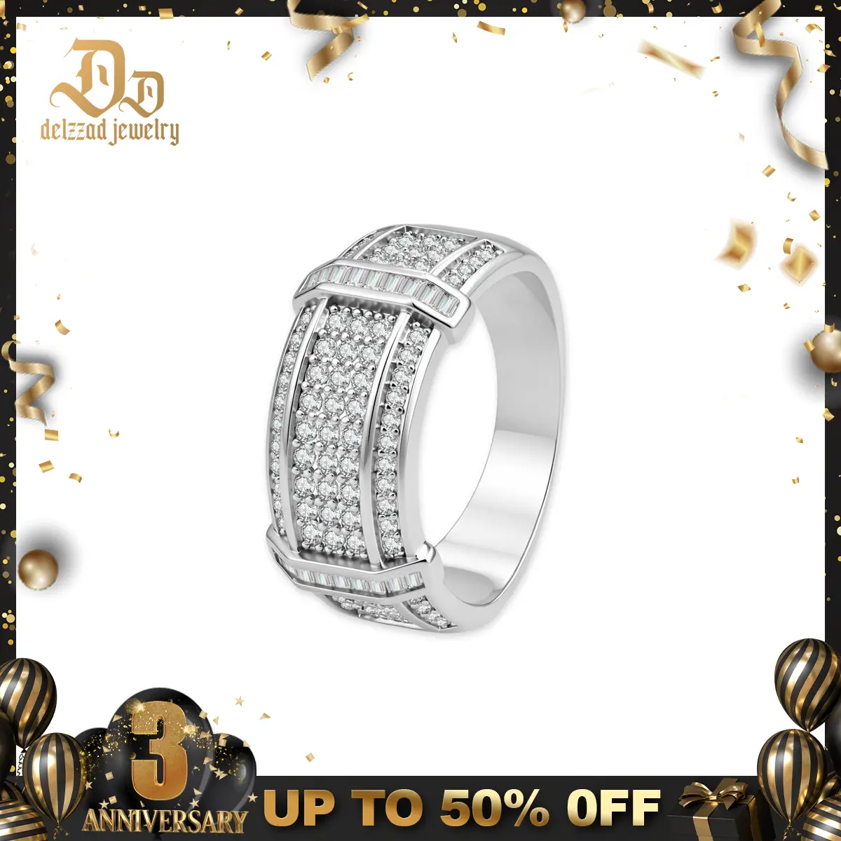 Delzzad 14K Gold-Plated Aura Arc Ring Men's Engagement Ring Band Promise Ring VVS Synthetic Moissanite Ring Exquisite Jewelry for Men Women Perfect Birthday Engagement Wedding Anniversary Christmas Gift