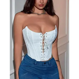 Y2K Irregular Structure Boned Floral Embroidery Grommet Eyelet Tie Front Overbust Backless Corset Shapewear Crop Tube Top Fabric Fit Womenswear Chic Piece Burgundy