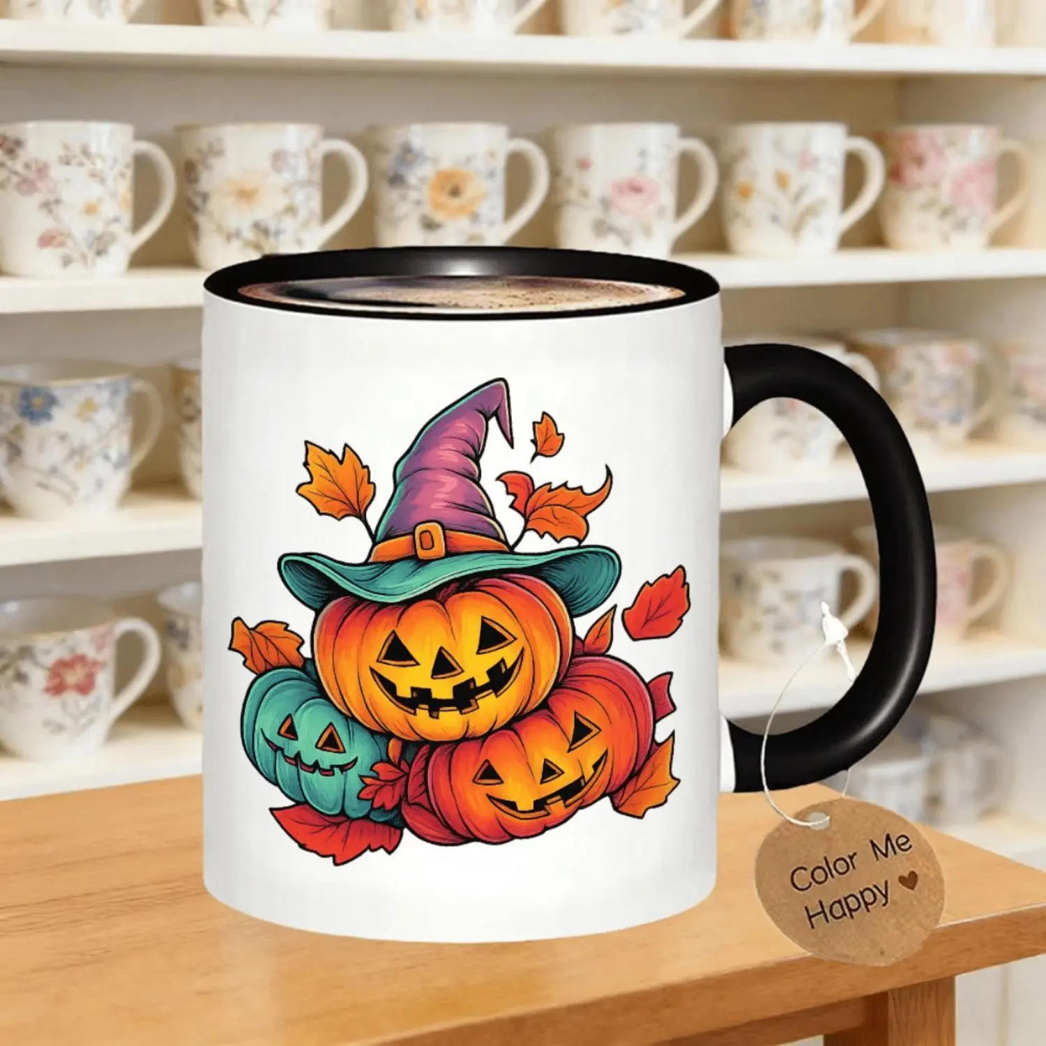 Halloween with Smiling Jack O' Lanterns & Witch Hat Design Logo Ceramic Coffee Mug Coffee Cup Tea Mug Halloween Gift Reading Reusable Ideal for Holding Tea Milk Water a Fun Present for Halloween and Durable for Reading Time