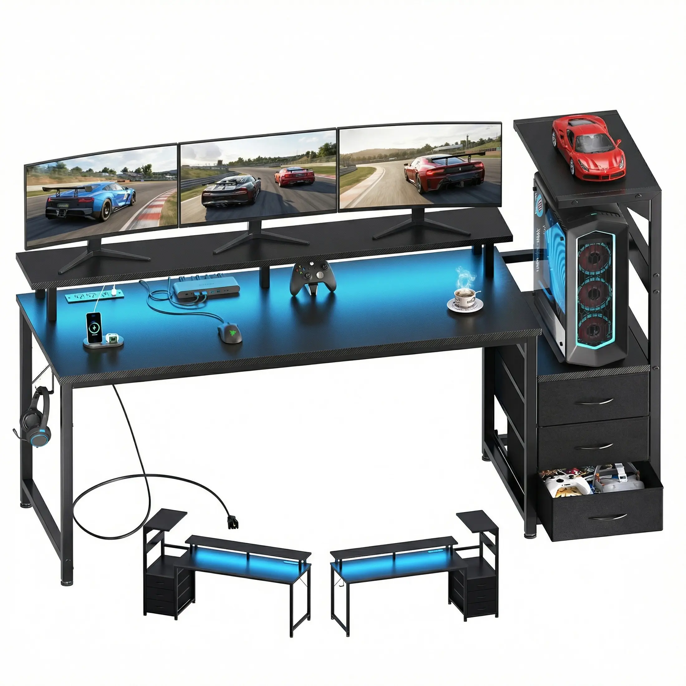 RGB Gaming Desk – Panoramic PC Display Stand, LED Lights, 3 Fabric Drawers, Side Shelf – Built-in 3 Outlets & 2 USB Ports, Heavy Duty Steel Frame – Cable Management Ready