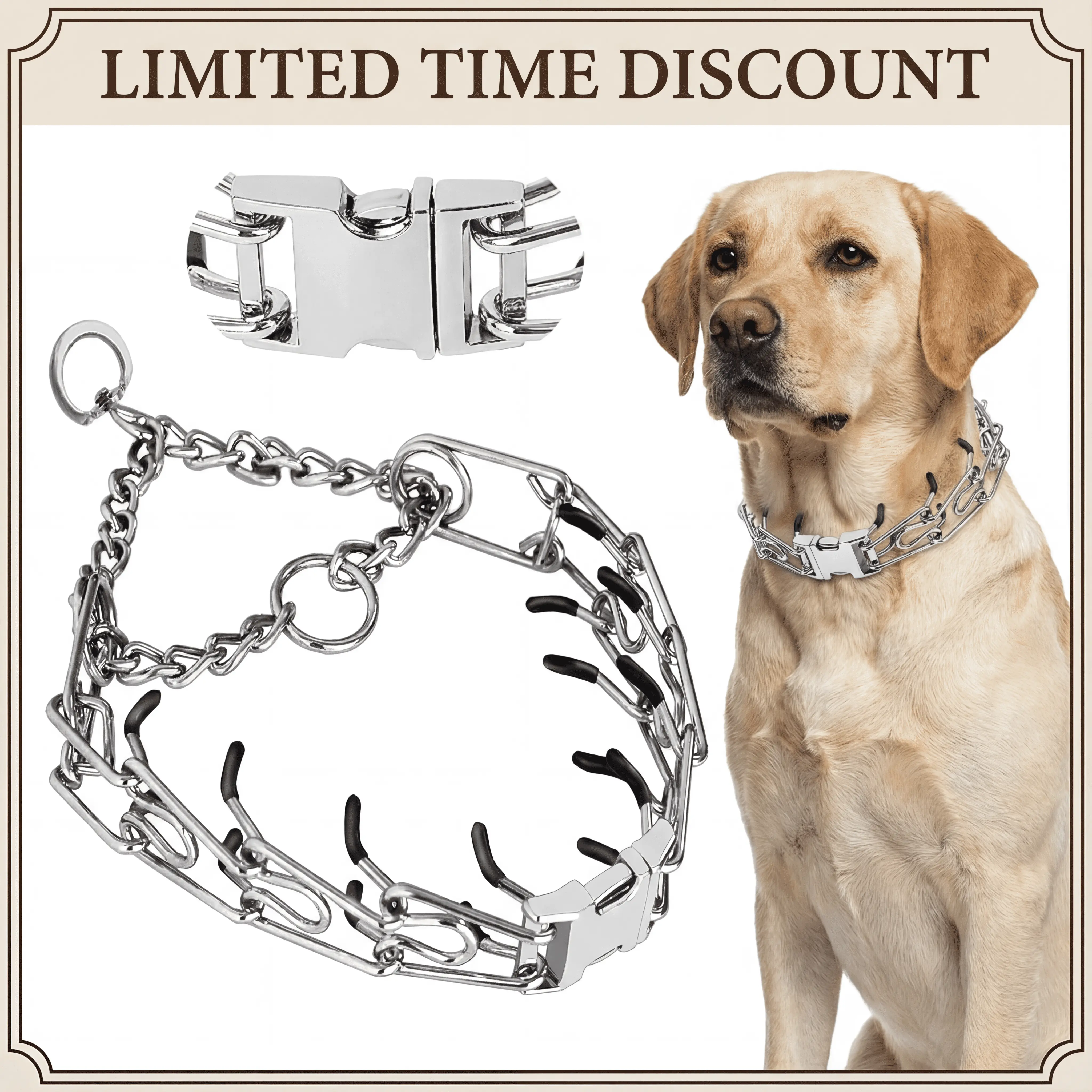 Stainless Steel Geometric Prong Dog Collar - Anti-Choke, Anti-Pinch, Comfort Rubber Caps, Adjustable, Easy-On Quick Release Buckle, Small-Large Dogs, Control Pulling, Heavy Duty Tactical, Glowing for Night Walks personalized Bold Aggressive Leather