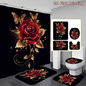 1/4PCS Glittering Rose Shower Curtain set, Red Rose with Golden Butterflies Bathroom Decor, Accessories with Bath Mat, U-shaped Mat, Toilet Lid Cover, 12 Hooks 180x180cm Curtain, Floral Glam, Home Decor, Bathroom Decoration Accessories