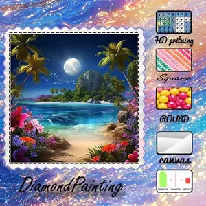 5D-DIY, high-grade velvet canvas, diamond art, diamond painting, diamond painting kit beach, coconut tree floral AB diamonds, fairy dust diamonds, crystal diamonds, perfect home decoration, handmade diamond art painting kit, special craft diamond art kit