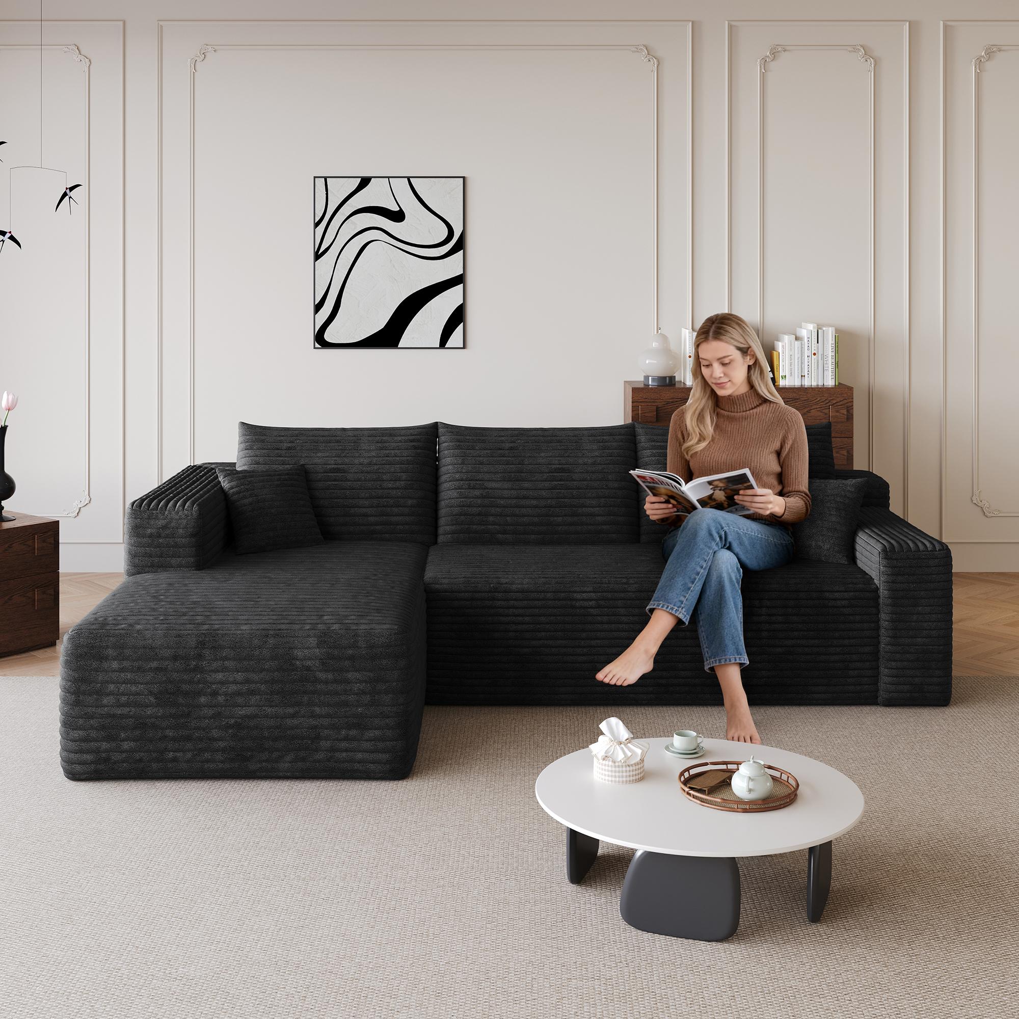 94" Modular Sectional Sofa Couch, Modern Corduroy Cloud Couch, Boneless Couch Upholstered 3-Seater L-Shaped Sofa for Living Room, No Assembly Required (Black,Left-Facing Chaise)