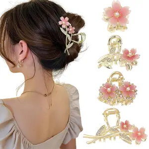 4pcs/ Set Pink Peach Blossom Flowers Hair Claw Clips, Elegant Cherry Blossom Rhinestone Alloy Hair Clips, Sweet and Cute Ponytail Bangs Hairpin for Women and Girl Hair Accessories hair clips