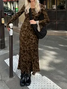 Women's Fashion Vintage Print Colorblock Flared Long Sleeve Dress, Elegant Commuter Street Style, All Seasons Wear