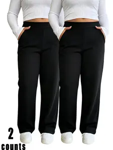 2-pack high-waisted plus-size women’s straight pants—casual and comfortable, soft and breathable, highly elastic for tummy control; spring/summer casual women’s straight pants outdoorfun