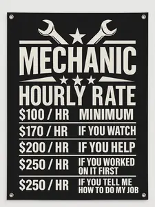 Funny Mancave Mechanic Hourly Rate Banner Sign 21x36 Inch Decor with Grommets Black and White Design Garage Banner for Mechanics - Decorative