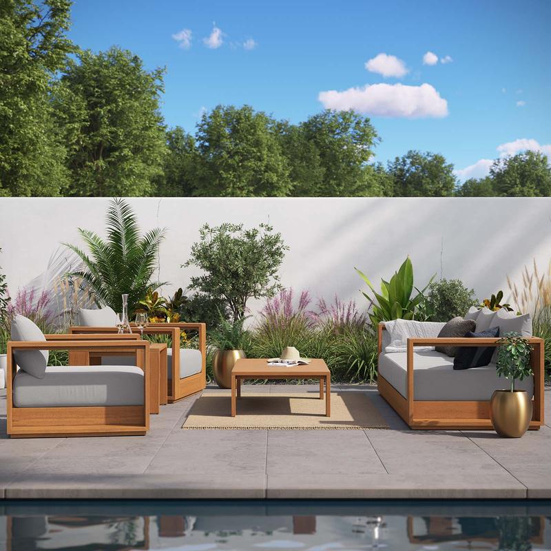 Modway Tahoe Outdoor Patio Acacia Wood 5-Piece Furniture Set in Natural Light Gray