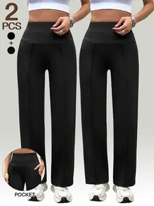 2-Pack Women's High-Waisted Straight Leg Pants, Elastic Sportswear Bottoms, Micro Flare Tight Yoga Pants, Office Wear, Casual Sportswear Pants