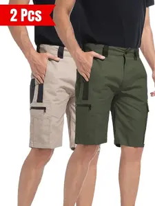 2 solid color men's shorts with zippered pockets, waterproof tactical work pants without waistband, regular sports pockets, durable and wear-resistant outdoor training pants, golf club shorts (9 pockets) suitable for my sports shorts